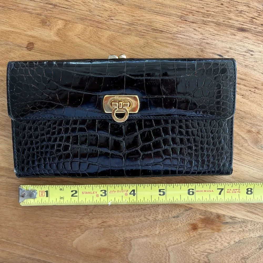 Salvatore Ferragamo Black Croc Embossed Leather Wallet with Gold Tone Hardware